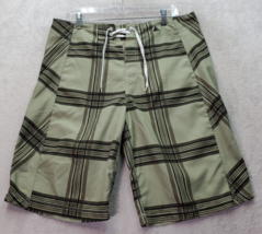 Wonderwall Board Shorts Mens 34 Green Plaid 100% Polyester Zip Pocket Dr... - $23.04
