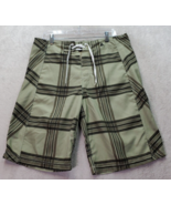 Wonderwall Board Shorts Mens 34 Green Plaid 100% Polyester Zip Pocket Dr... - $23.04