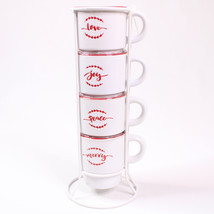 Set Of 4 Designs Signatures CHRISTMAS WORDS Stackable White Cups With Wi... - £11.55 GBP