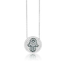 Sterling Silver Clear CZ Encrusted Disc Centered Hamsa Hand Pendant Necklace - £59.51 GBP
