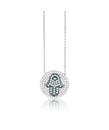 Sterling Silver Clear CZ Encrusted Disc Centered Hamsa Hand Pendant Neck... - £60.66 GBP