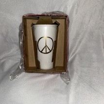 Starbucks Travel Mug Peace Sign With Gold Lid 2015 Ceramic Tumbler 12 oz. White - £29.98 GBP