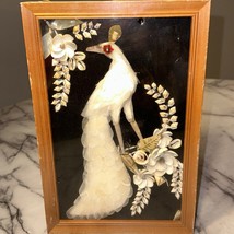 VINTAGE Capiz Abalone 3D Shell Art White Peacock Flowes Framed Handmade 1960s - £50.24 GBP