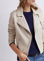 Women Off White Classical Genuine Leather Jacket Silver Studded Brando Style 201 - £112.76 GBP