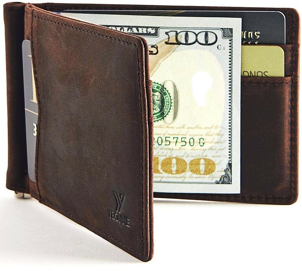 Mens Slim Wallet Money Clip Genuine Leather RFID Blocking Crazy Horse Brown - £68.44 GBP