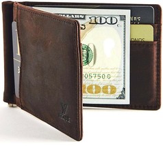 Mens Slim Wallet Money Clip Genuine Leather RFID Blocking Crazy Horse Brown - £68.29 GBP