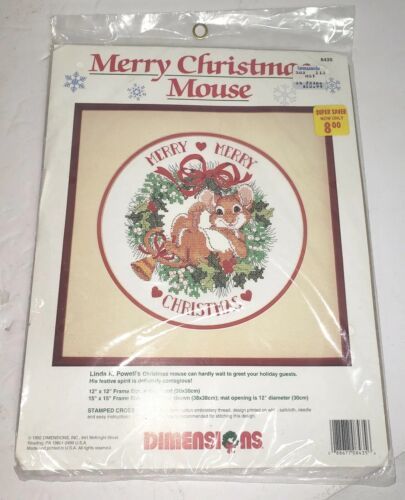 Dimensions Cross Stitch Kit 8435 MERRY CHRISTMAS MOUSE 1992 Stamped 12" x 12" - $18.99