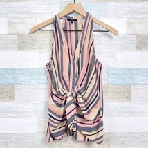 DREW Linen Striped Sleeveless Tie Front Top Pink Tan High Low Hem Womens... - $24.74