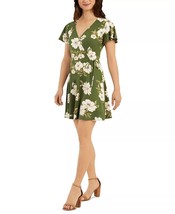 BCX Juniors&#39; Faux-Wrap Flutter-Sleeve Dress Green Floral Size XL $49 - $18.81