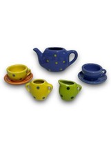 Miniature Tea Set Ceramic Pastels Polka Dots Teapot Creamer Sugar Cup Saucer - £23.79 GBP