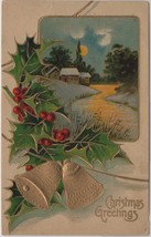VTG 1909 Cabin River Scene Holly Berries Gold Bells Christmas Greeting Postcard - £8.04 GBP