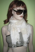 Vintage WOMEN&#39;S Ladies Gold Tone Strip Fashion Long Tassel White SCARF W... - £19.92 GBP