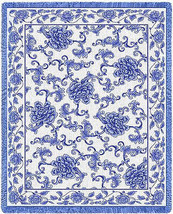 69x48 ORIENTAL BLUE Asian Scrollwork Floral Tapestry Afghan Throw Blanket - $63.36