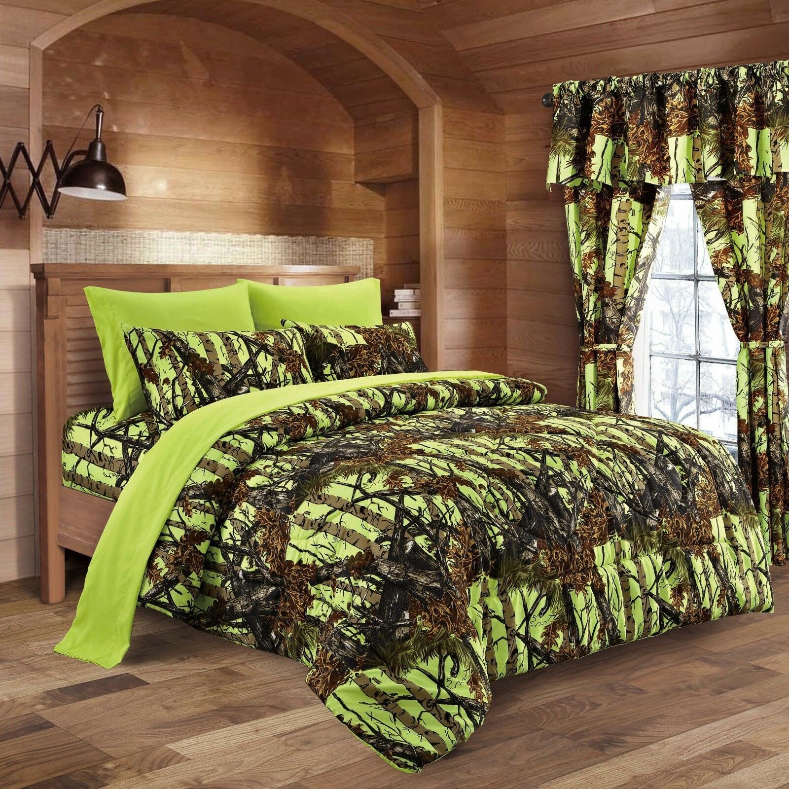 9 PC COMFORTER SET with SHEETS PILLOWCASES LIME CAMO KING CAMOUFLAGE NEON YELLOW - $97.90