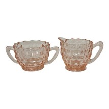 VTG Pink Depression Glass Cube Pattern Jeannette Glass Co Creamer &amp; Sugar Bowl - £10.30 GBP