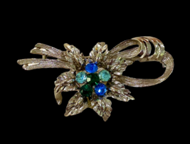 Rhinestone Brooch Silver-tone Bow Flower 6 Blue Green Stones 2 Inch Vintage - £7.70 GBP