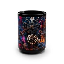 Gothic Flaming Rose Gears  Chains Design Black Ceramic 15oz Mug Free Shi... - $24.28