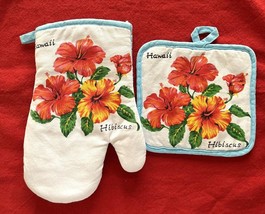 Hawaiian Kitchen Set 6&quot; Potholder &amp; 9&quot; Oven Mitt Hibiscus Design - $169.16 MXN