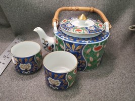 OMC Otagiri Japan Sake Teapot  Bamboo Handle w/ 2 tea cups - $33.25