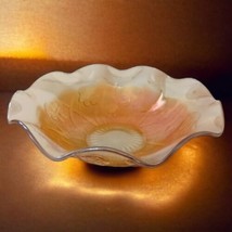Iris Herringbone Bowl Jeanette Glass Depression Ruffled Edge Marigold Carnival - £23.80 GBP