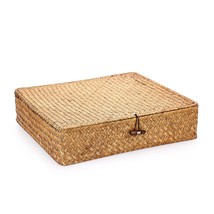 Flat Woven Wicker Basket Bins With Lid X-Large Natural Seagrass Storage Basket B - £33.57 GBP