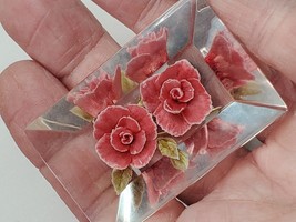 Lucite Pin Brooch Reversed Carved Pink Roses Beveled Block Vintage 2in E... - $17.77