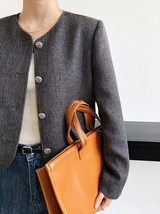 Women&#39;s Single Button Tweed Crop Jacket Brown Gray Short Blazer - £56.68 GBP