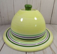Covered Plate w/Dome Ceramic Cheese or Serving Banded Yellow Green 6.5&quot; x 4&quot;. - £10.04 GBP