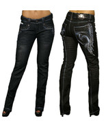 Rebel Spirit Angel Wings Rhinestones Womens Slim Straight Jeans Black NE... - $90.34