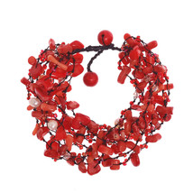 Cluster Red Coral/ Pearls/ Crystal Handmade Bracelet - £13.84 GBP