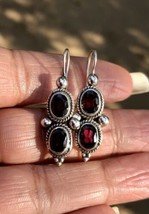 Artisan Crafted Handmade Sterling Silver &amp; Natural Garnet Oxidized Earrings - £20.35 GBP