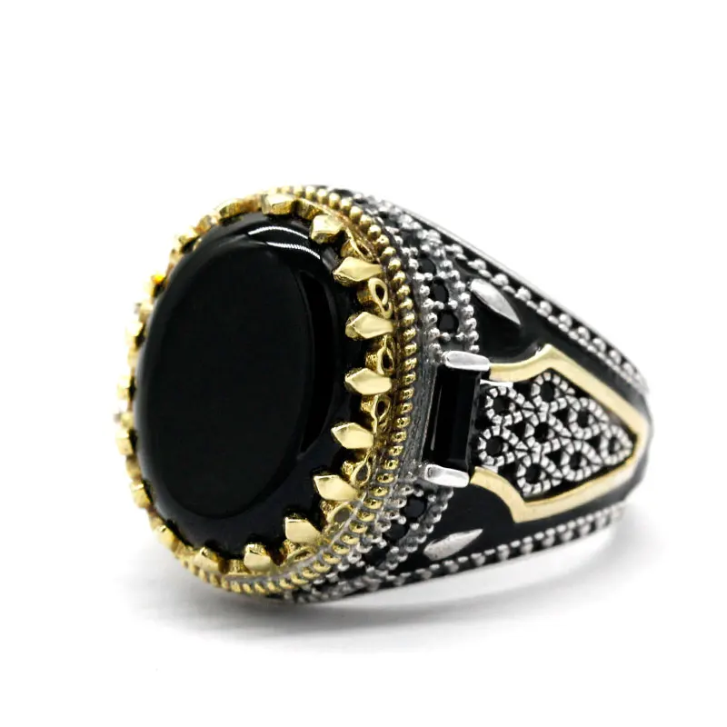 Turkey Jewelry Men Ring with Black Natural Agate Stone 925 Sterling Silver Vinta - £47.06 GBP
