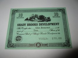 1964 Stocks & Bonds 3M Bookshelf Board Game Piece: Shady Brooks Dev. 10 Shares - $1.00