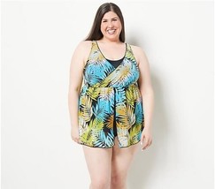 Denim &amp; Co. Beach Printed Surplice Swim Dress (BlackAquaPalm, Reg 12) A473687 - $18.37