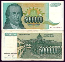 Yugoslavia P131, 1/2  Million Dinara, writer D. Obradovic / monastery 1993 - $1.35 CAD