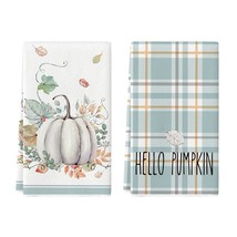 Blue Watercolor Stripes Hello Pumpkin Fall Kitchen Towels Dish Towels, 18X26 Inc - £25.30 GBP