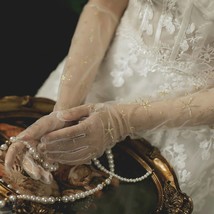 Bridal Gloves With Gold Glitter Stars, Delicate Tulle Sheer Gloves, Eleg... - $42.13 CAD