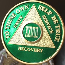 28 Year AA Medallion Green Gold Plated Alcoholics Anonymous Sobriety Chi... - £16.29 GBP