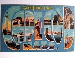 Greetings From Cape Cod Massachusetts Large Big Letter Linen Postcard Boats Mill - £5.44 GBP