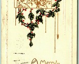 Art Deco Holly Merry Christmas Tree GIlt Embossed DB Postcard I7 - $6.88