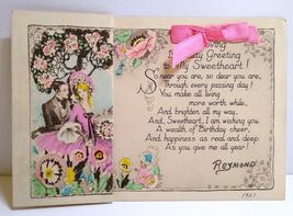 Vintage 1931 Birthday Greeting Card Couple In Flower Covered Meadows Pin... - $25.91