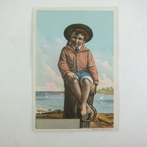 Victorian Trade Card Boy Sailor Suit Red Stripe &amp; Hat Siting Dock Shore Antique - £7.82 GBP