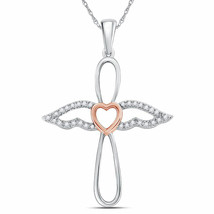Sterling Silver Rose-tone Round Diamond Angel Heart Cross Pendant 1/8 Cttw - £114.06 GBP