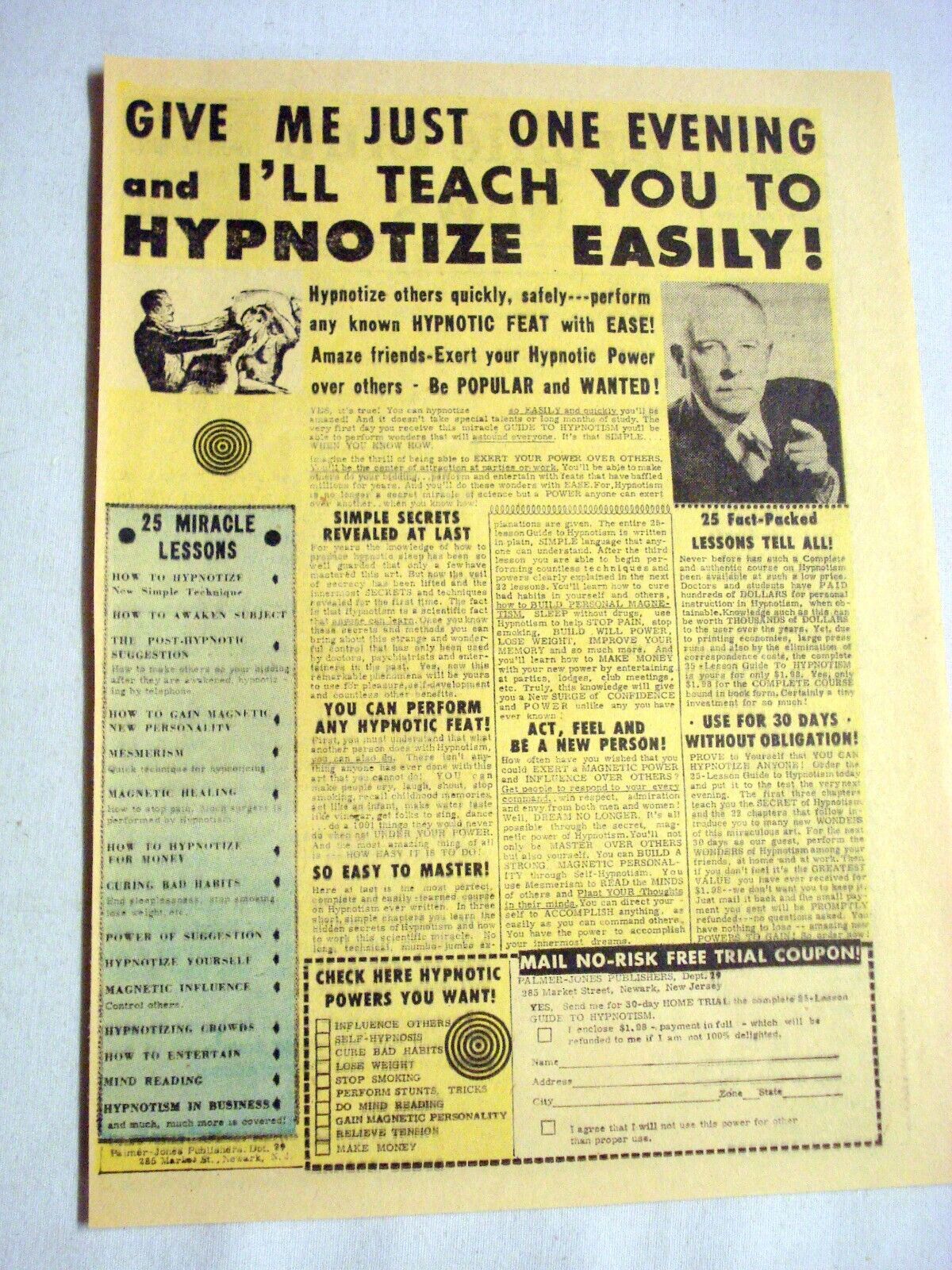 Primary image for 1963 Ad Guide To Hypnotism Book, Palmer-Jones Publishers, Newark, N.J.