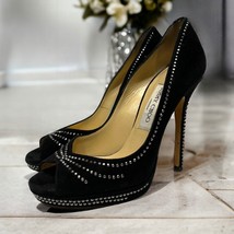 Jimmy Choo London Womens Black Suede Rhinestone Peep Toe High Heel Pumps Size 37 - £106.77 GBP