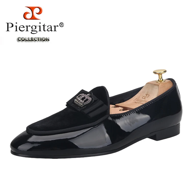 Handmade Crown Embroidery Black Patent Leather Men&#39;s Loafers Classic Bow... - £237.30 GBP