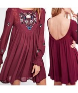 Free People Womens Mohave Embroidered Maroon Red Mini Dress Boho Size Small - $43.76 CAD