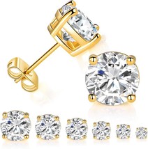 6 Pairs 14K Yellow Gold Plated Round Cut Clear Zirconia Stud Earring Pack - $28.15