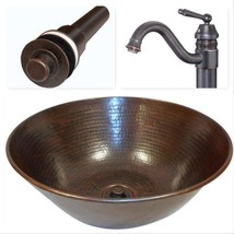 14&quot; Round Copper Vessel Bowl Bathroom Sink, Faucet &amp; Drain Included - $279.95