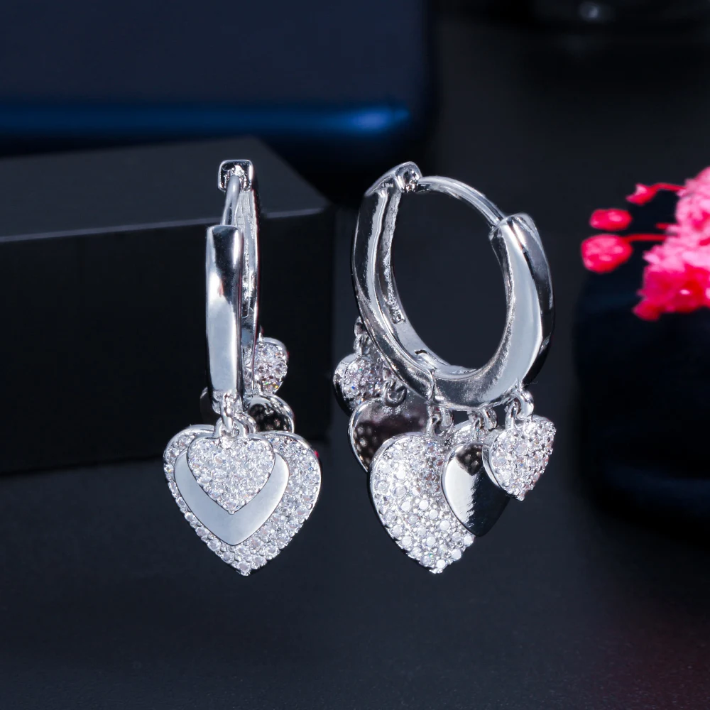 Trendy Cubic Zircon Dangling Tassel Love Heart Shape Charms Endless Hoop Earring - £19.22 GBP